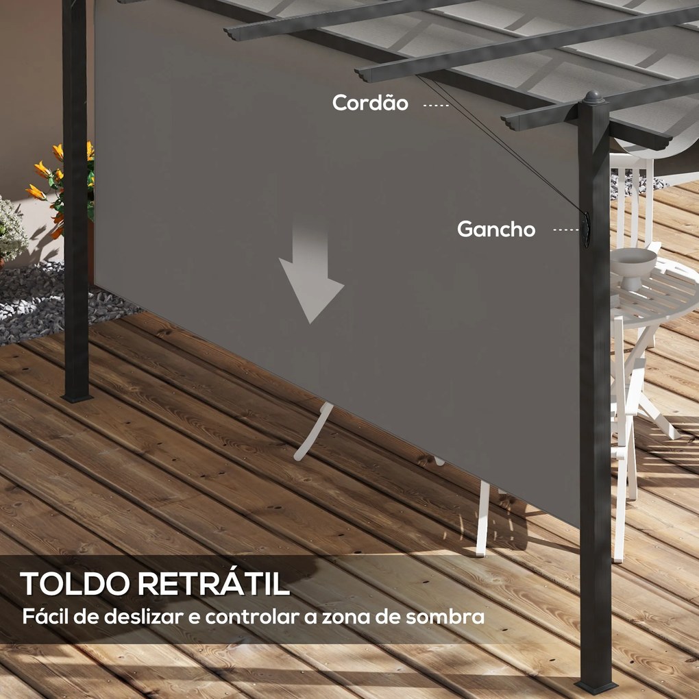 Pérgola de Jardim 3,96x2,96x2,2 m com Teto Retrátil Tecido de Poliéster e 8 Orifícios de Drenagem Cinza