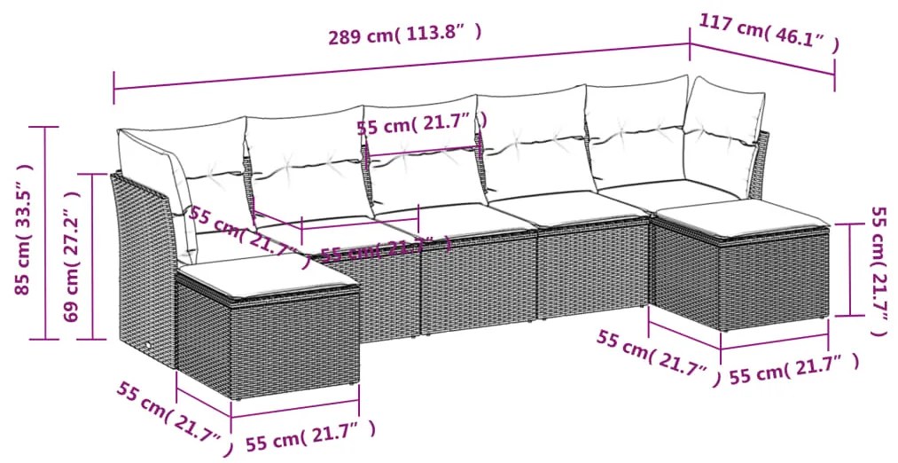 7 pcs conjunto de sofás jardim c/ almofadões vime PE castanho