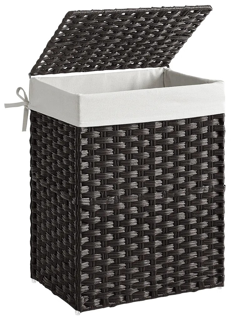 Cesto de roupa suja SONGMICS feito à mão, cesto de roupas de vime sintético de 90 L com tampa e alças, dobrável, com forro removível, preto LCB51BK