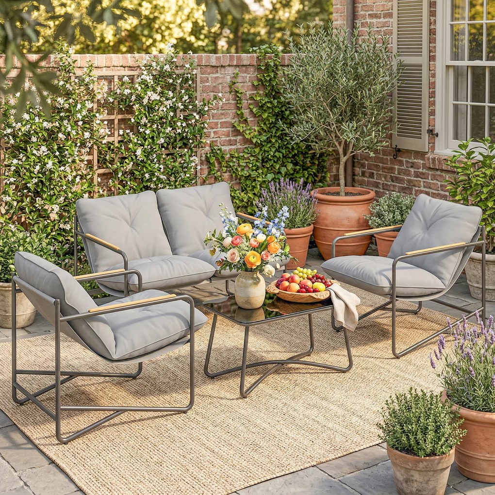 Conjunto de jardim de 4 peças com sofá de 2 lugares, 2 poltronas e mesa de centro em vidro temperado; almofadas de 13 cm em cinzento claro