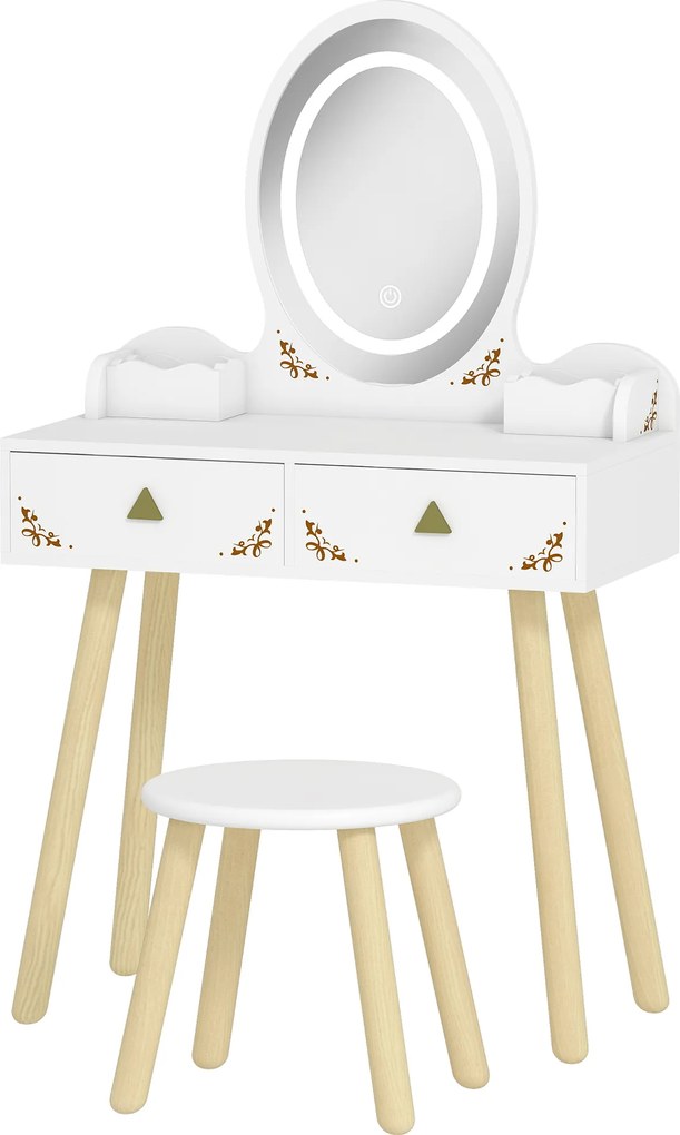 Toucador de Maquilhagem com Luzes LED de 3 Cores  Banco Espelho 2 Gavetas 2 Caixas de Armazenamento 60x30x99,3 cm Branco