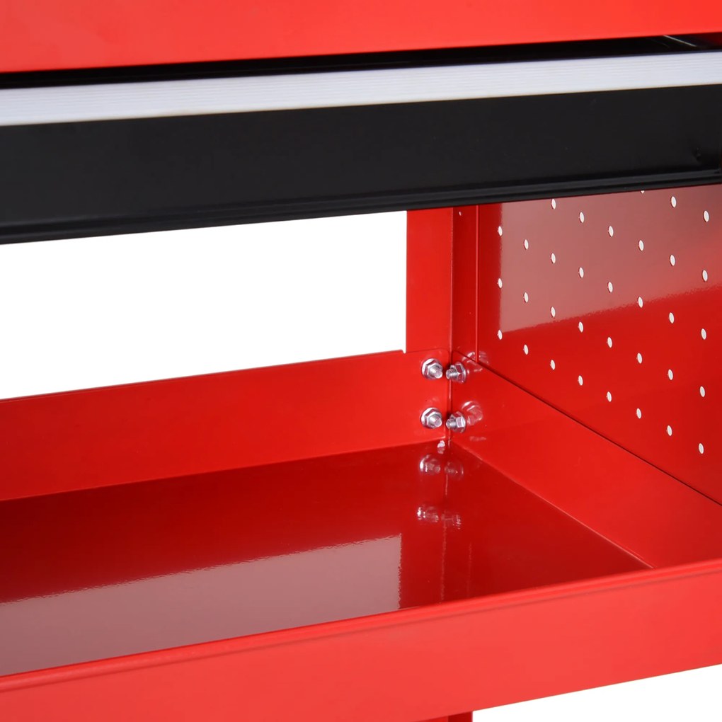 Carrinho de Ferramentas com 3 Bandejas e Gaveta Rodas com Travões Pega Lateral Painel Lateral Perfurado 82x35x76 cm Vermelho