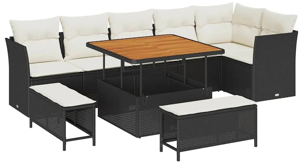 Conjunto de Sofás de Jardim vidaXL de 9 Peças com Almofadas Pretas de