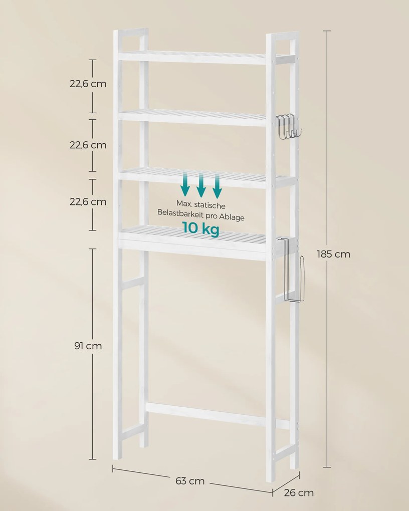 Prateleira para casa de banho para sanita com prateleiras reguláveis 26 x 63 x 185 cm branco nuvem