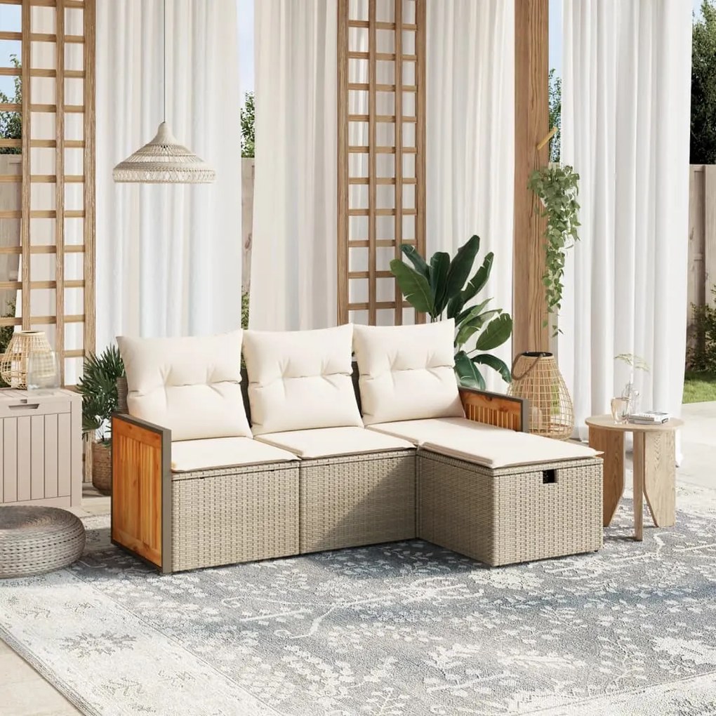 4 pcs conjunto de sofás para jardim c/ almofadões vime PE bege