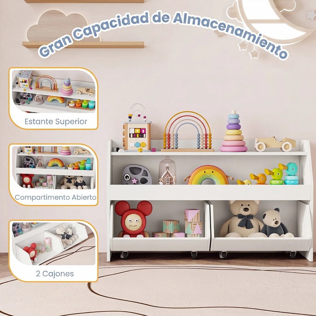 Estante de Arrumação para Brinquedos, 102 x 30 x 60 cm, Com 2 Estantes e 2 Gavetas, Branco