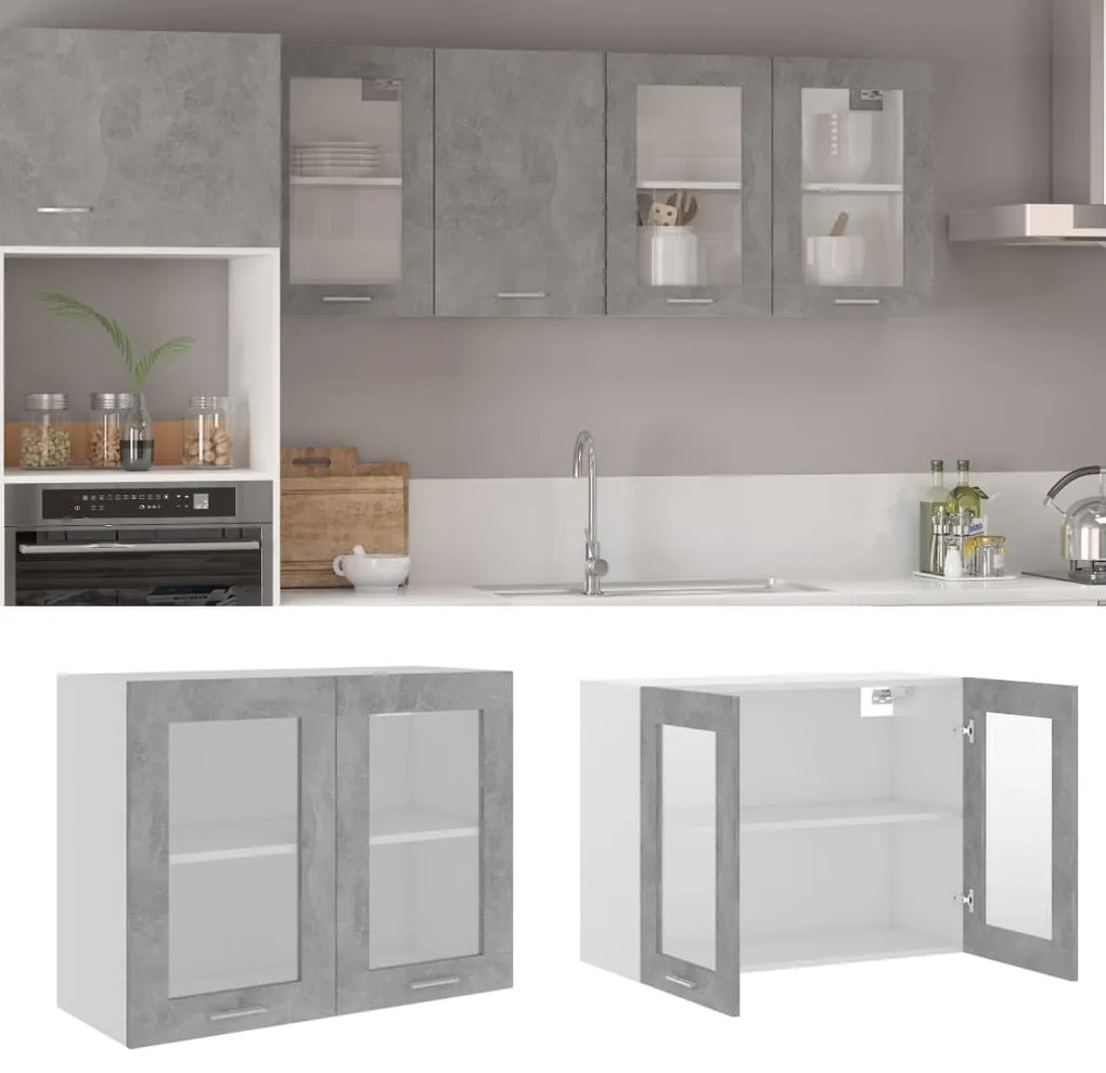 802533 vidaXL Armário de parede c/ vidro 80x31x60 cm contraplacado cinza