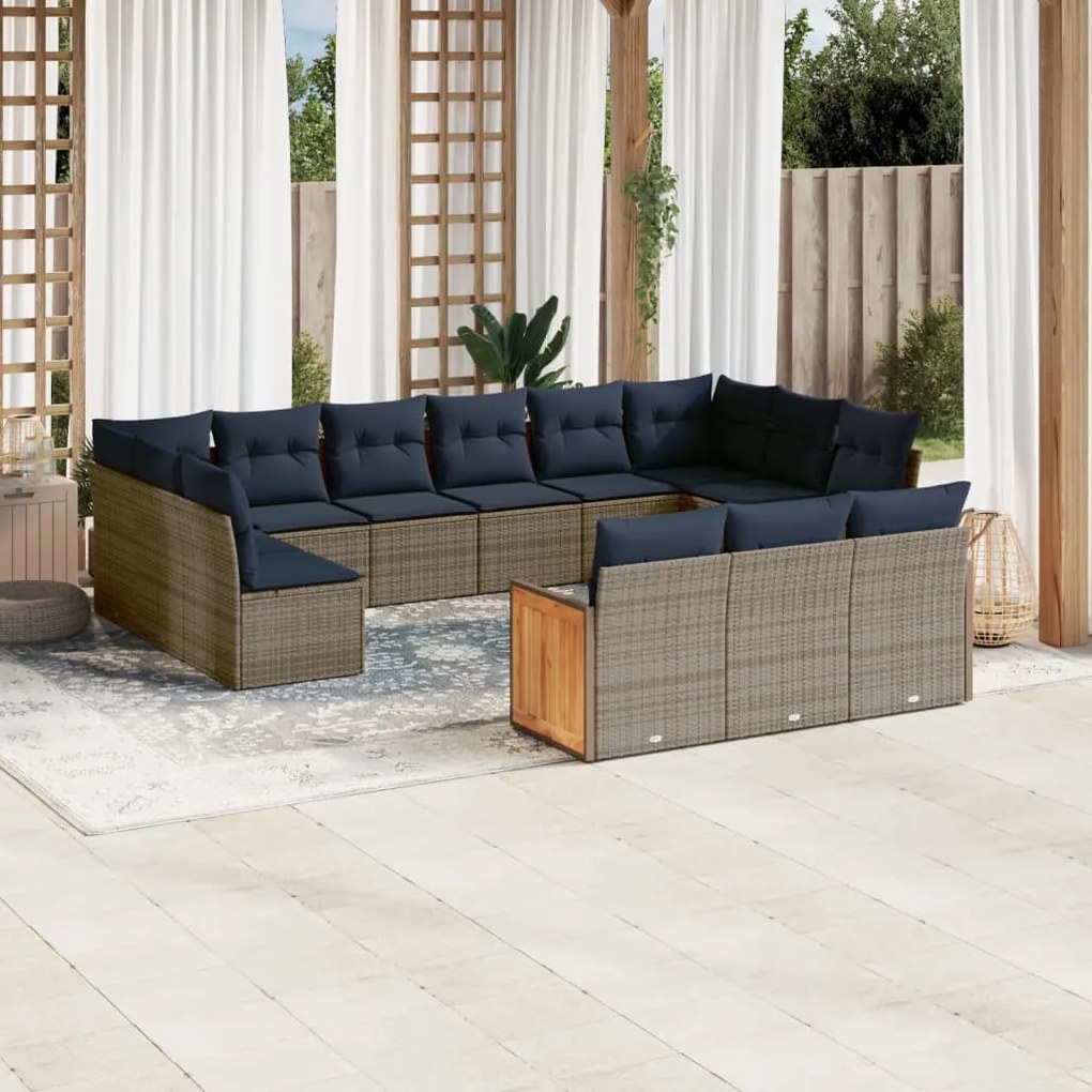 vidaXL 13 pcs conjunto sofás p/ jardim c/ almofadões vime PE cinzento