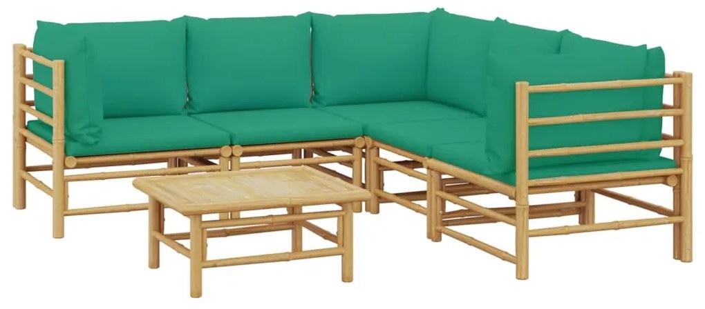 6 pcs conjunto lounge de jardim bambu c/ almofadões verdes