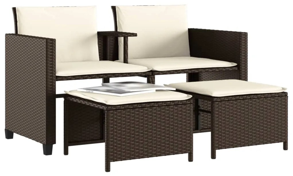 Sofá de jardim de 2 lugares com mesa e bancos vime PE castanho