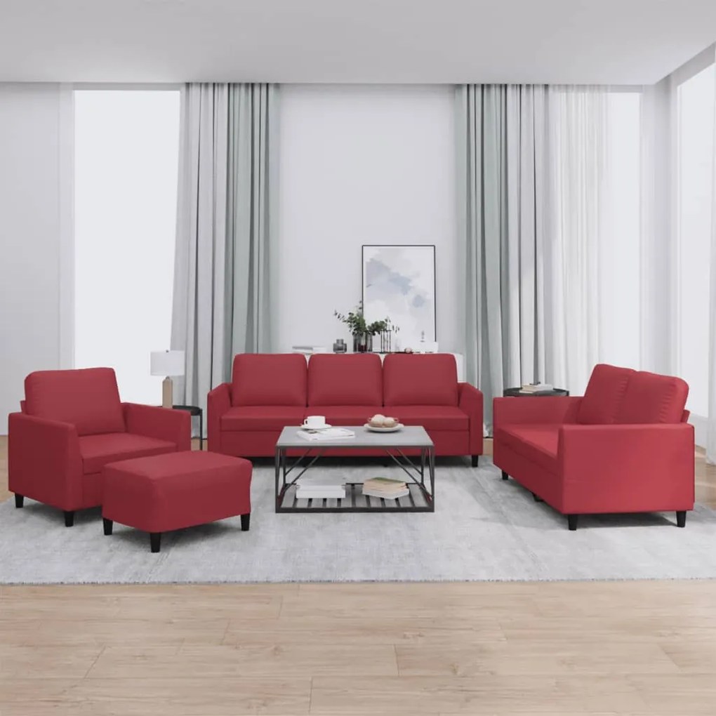 4 pcs conjunto sofás c/ almofadões couro artif. vermelho tinto
