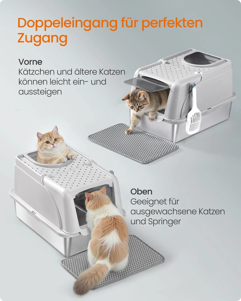 Caixa de areia gatos XL em aço inoxidável com tampa 61 x 40 x 36,5 cm, para gatos até 15 kg cinzento claro