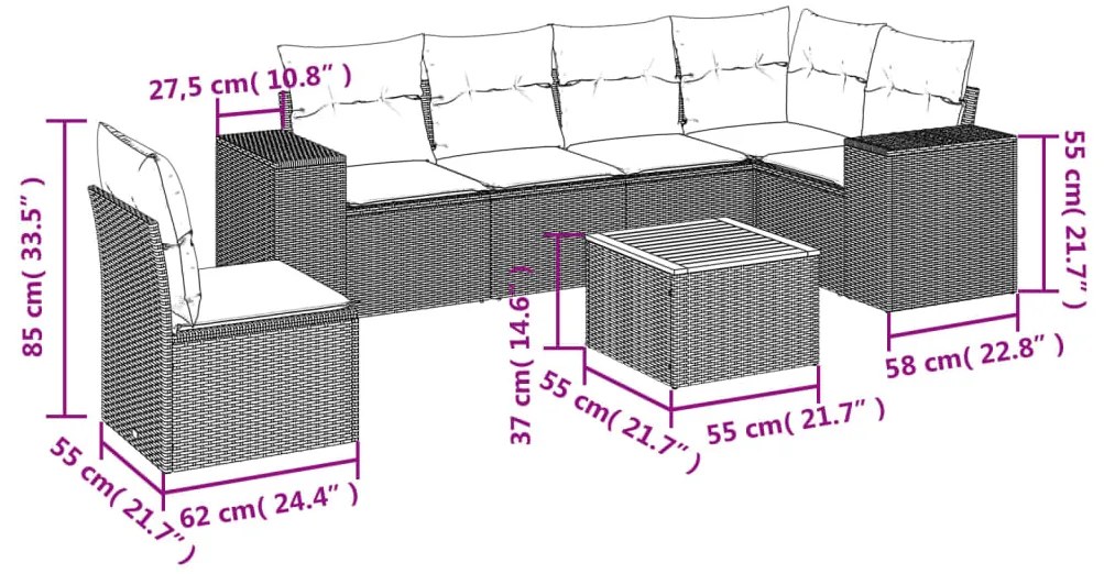 7 pcs conjunto de sofás p/ jardim com almofadões vime PE bege