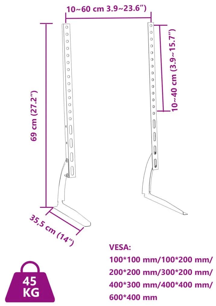 Suportes de TV 2 pcs p/ ecrãs de 37-75" Max VESA 600x400mm 45kg