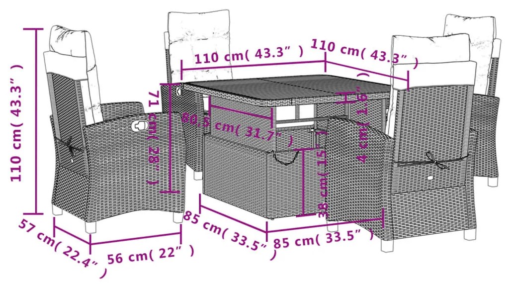 5 pcs conjunto de jantar p/ jardim com almofadões vime PE bege