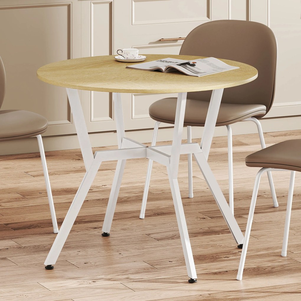 Mesa de Refeição Redonda Mesa de Jantar Estilo Industrial com Bancada de Madeira e Estrutura de Aço Ø90x76 cm Madeira e Branco