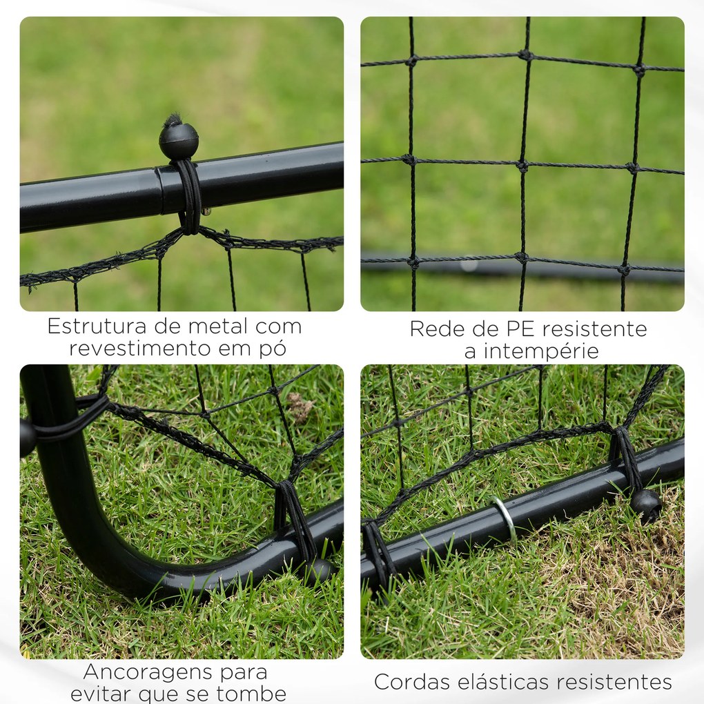 Rede de Rebote de Metal com Ângulo Ajustável e 20 Cordas Elásticas para Treinamento de Futebol 96x80x96 cm Preto