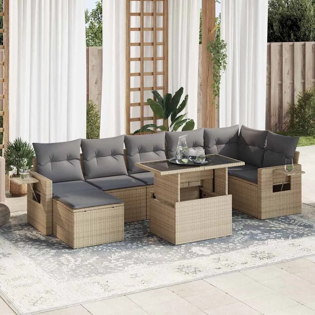 8 pcs conjunto de sofás p/ jardim com almofadões vime PE bege