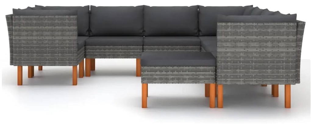 9 pcs conjunto lounge de jardim c/ almofadões vime PE cinzento