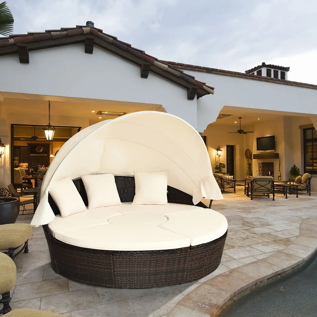 Cama jardim redonda para exterior com Toldo retrátil Assentos separados em rattan Almofadas de rattan Castanho