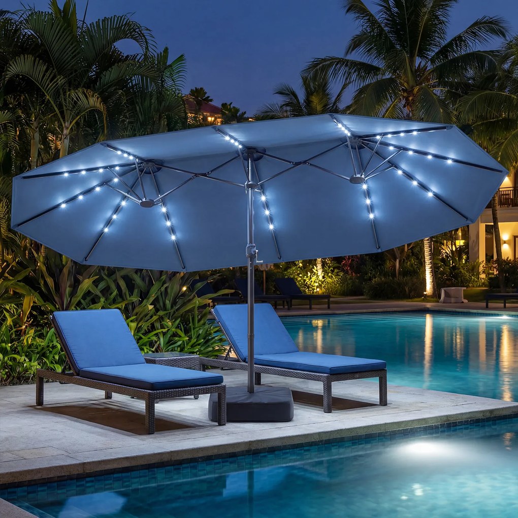 Guarda-sol duplo 460 x 285 cm com 48 luzes LED, 3 aberturas de ventilação, 12 varas, base e manivela para jardim, terraço e piscina – azul