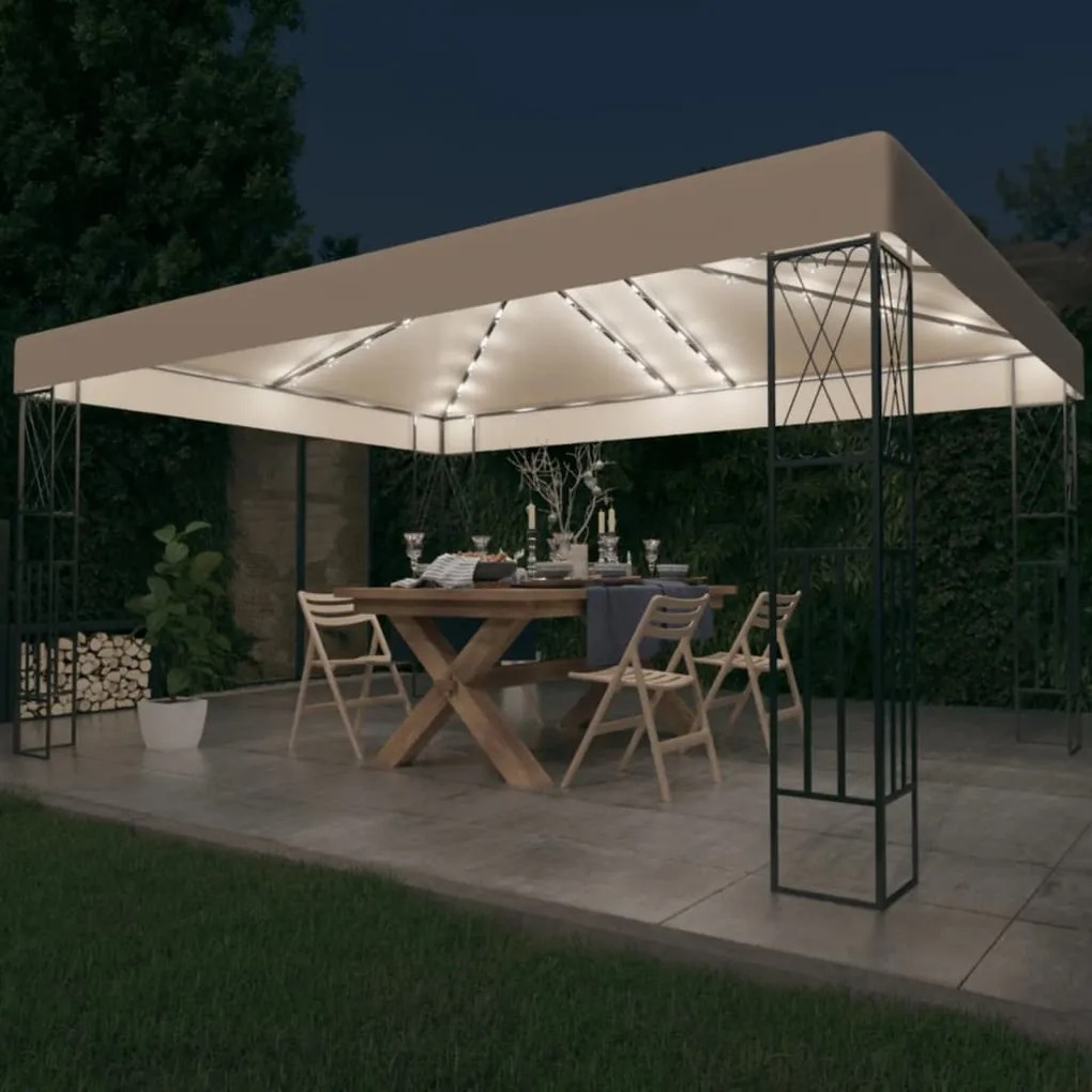 vidaXL Gazebo com cordões de luzes LED 3x4 m tecido cor creme