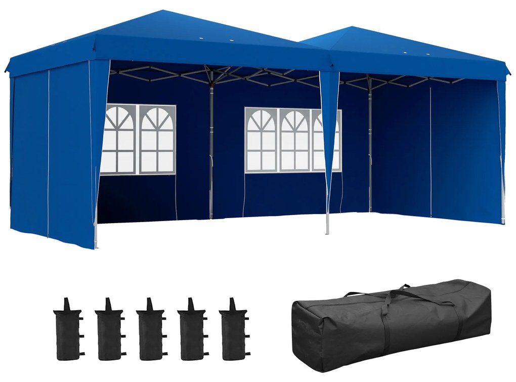 Outsunny Tenda Dobrável 585x295x275 cm com Paredes Laterais Altura Ajustável Bolsa de Transporte e 5 Sacos de Areia Azul