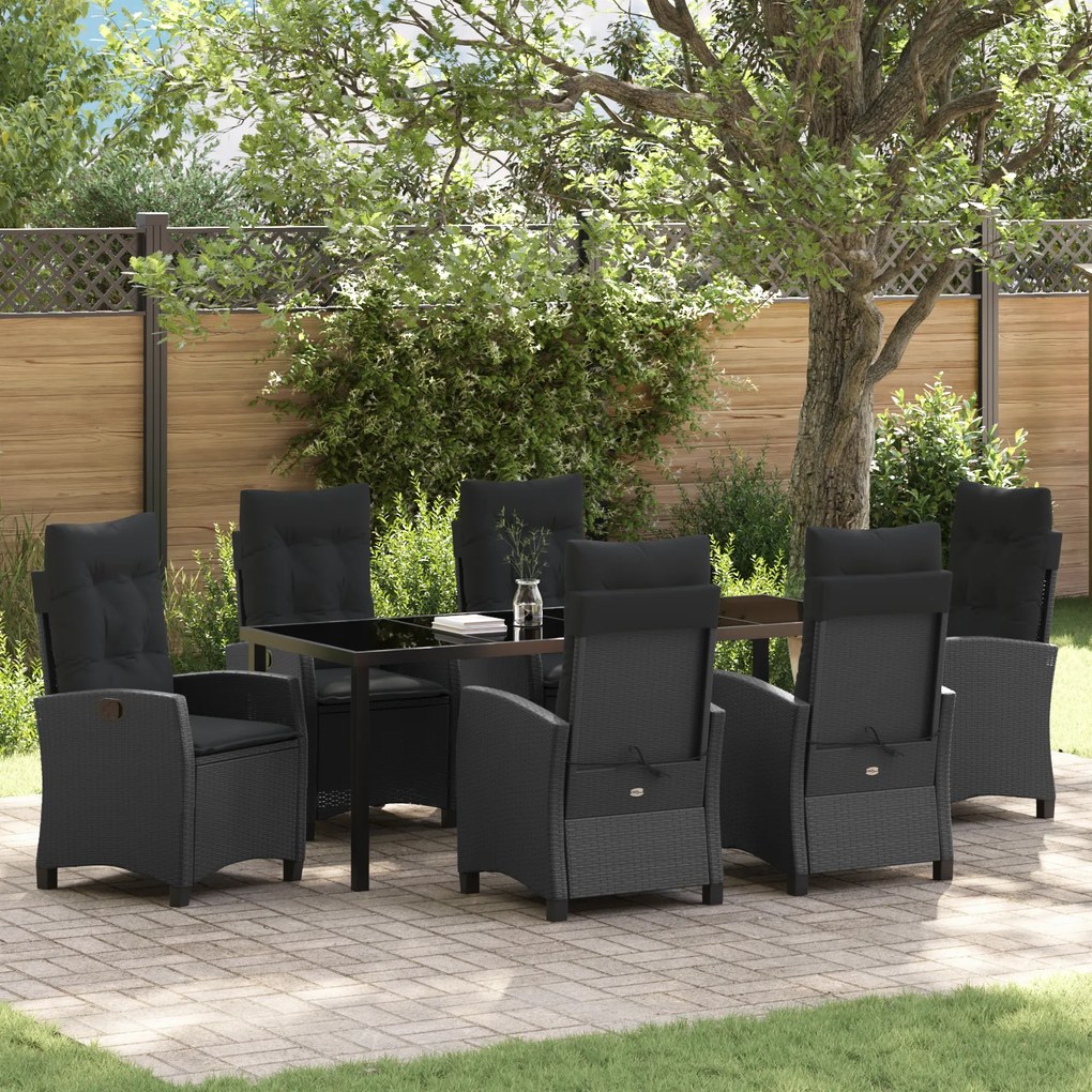 vidaXL Conjunto de Jantar de Jardim 7 Peças com Almofadas - Rattan Polipropileno Preto