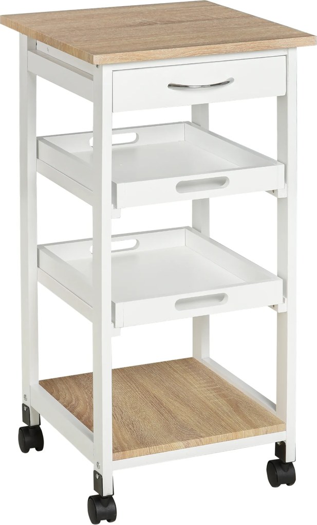 Carrinho de serviço de cozinha com rodas, 2 tabuleiros removíveis, gaveta e prateleira em carvalho claro e pinho branco