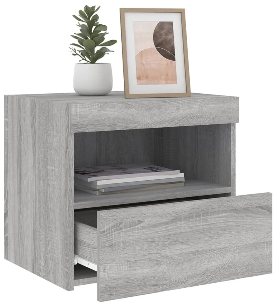 Mesa de cabeceira com luzes LED 50x40x45 cm cinzento-sonoma