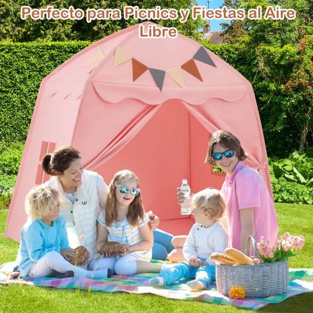 Tenda para crianças 157 x 98 x 148 cm com faixas e luzes de cordas Casa de brincar grande para crianças dos 3 aos 12 anos Rosa