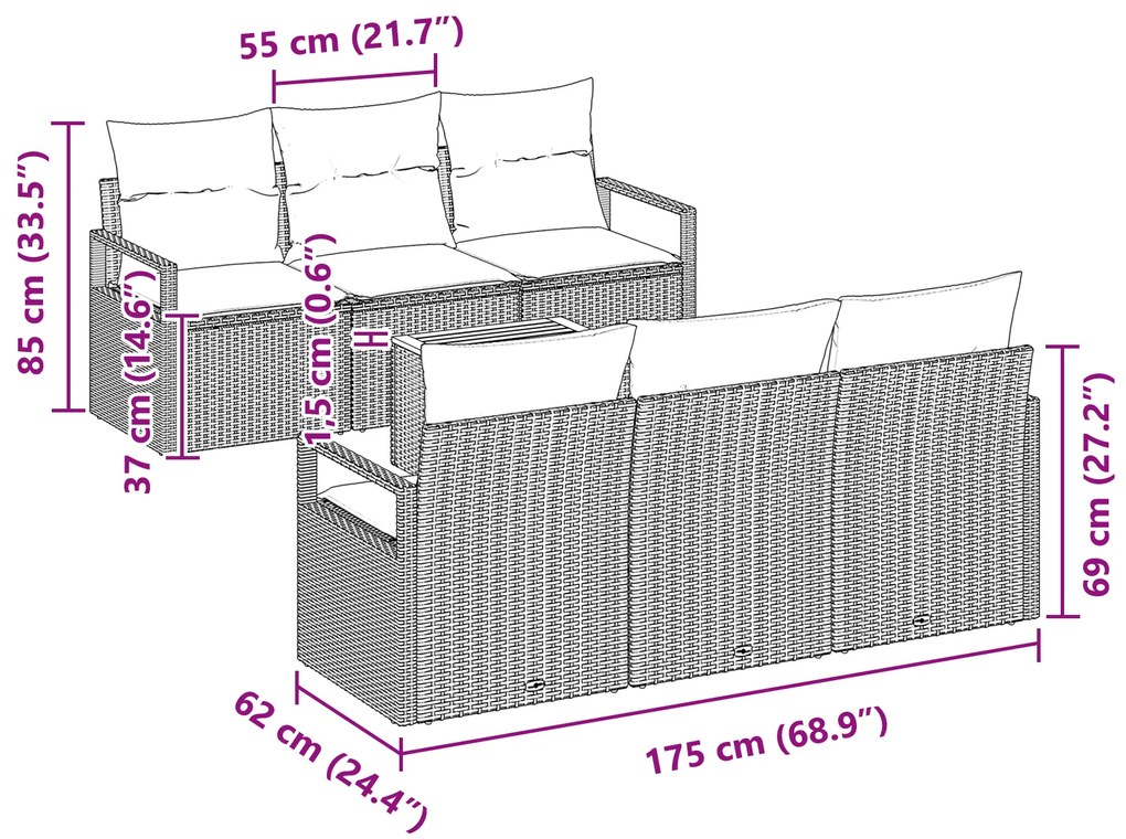 Conjunto de Sofá de Jardim vidaXL de 7 Peças com Almofadas Cinzento Ra