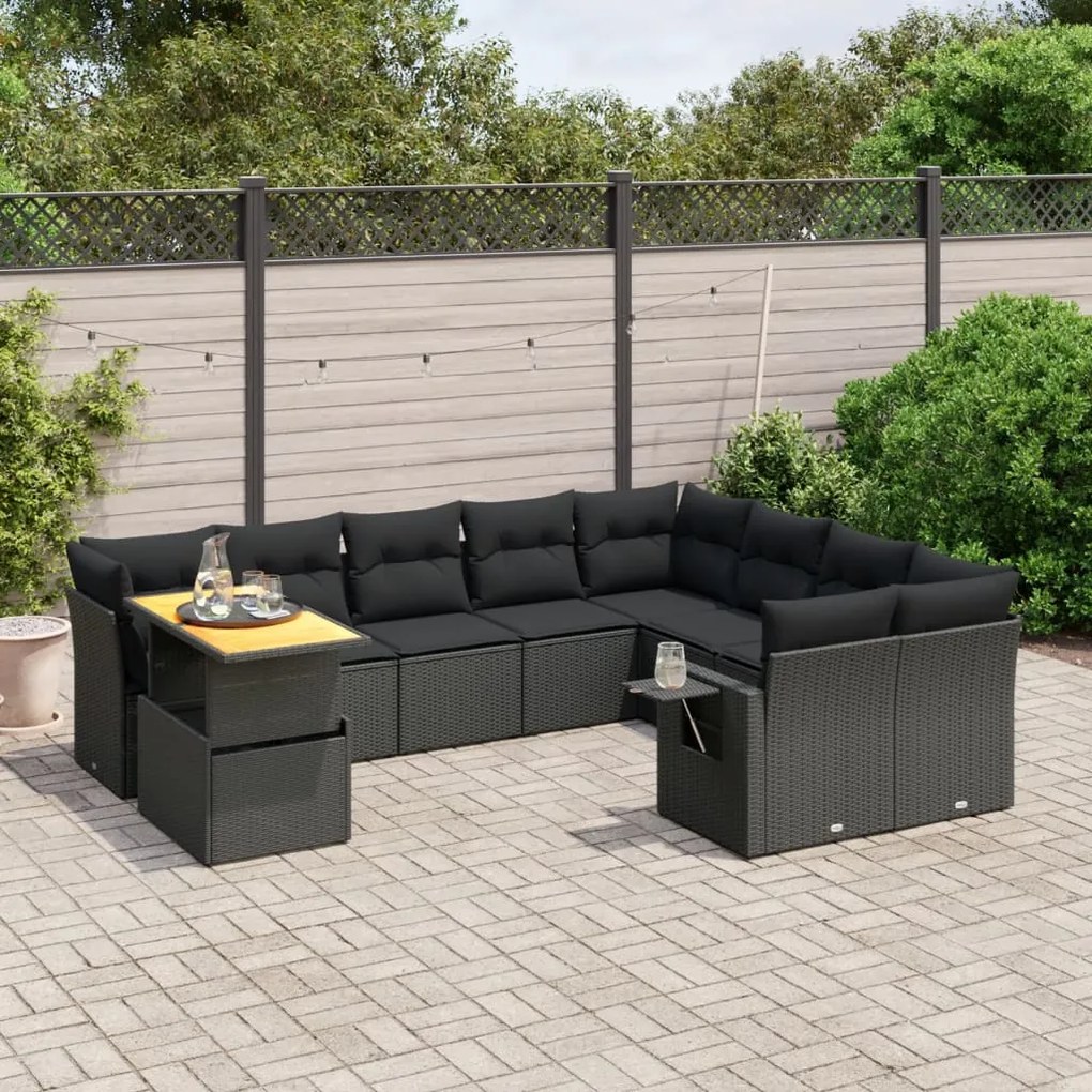 10 pcs conjunto sofás de jardim c/ almofadões vime PE preto