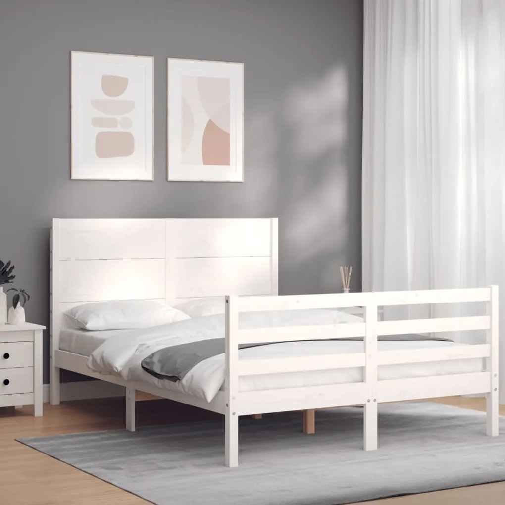 vidaXL Estrutura de cama de casal com cabeceira madeira maciça branco