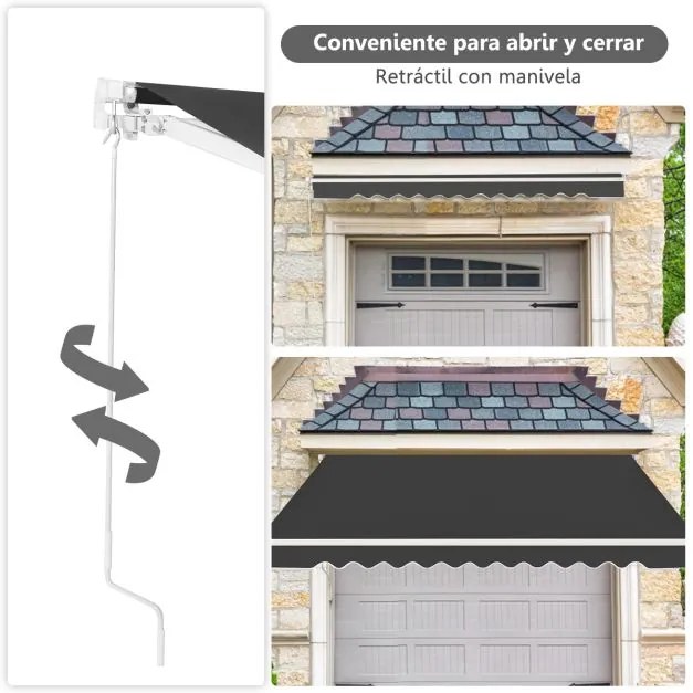 Toldo retrátil 3 x 2,5 m em alumínio com manivela e poliéster impermeável para exterior Cinzento