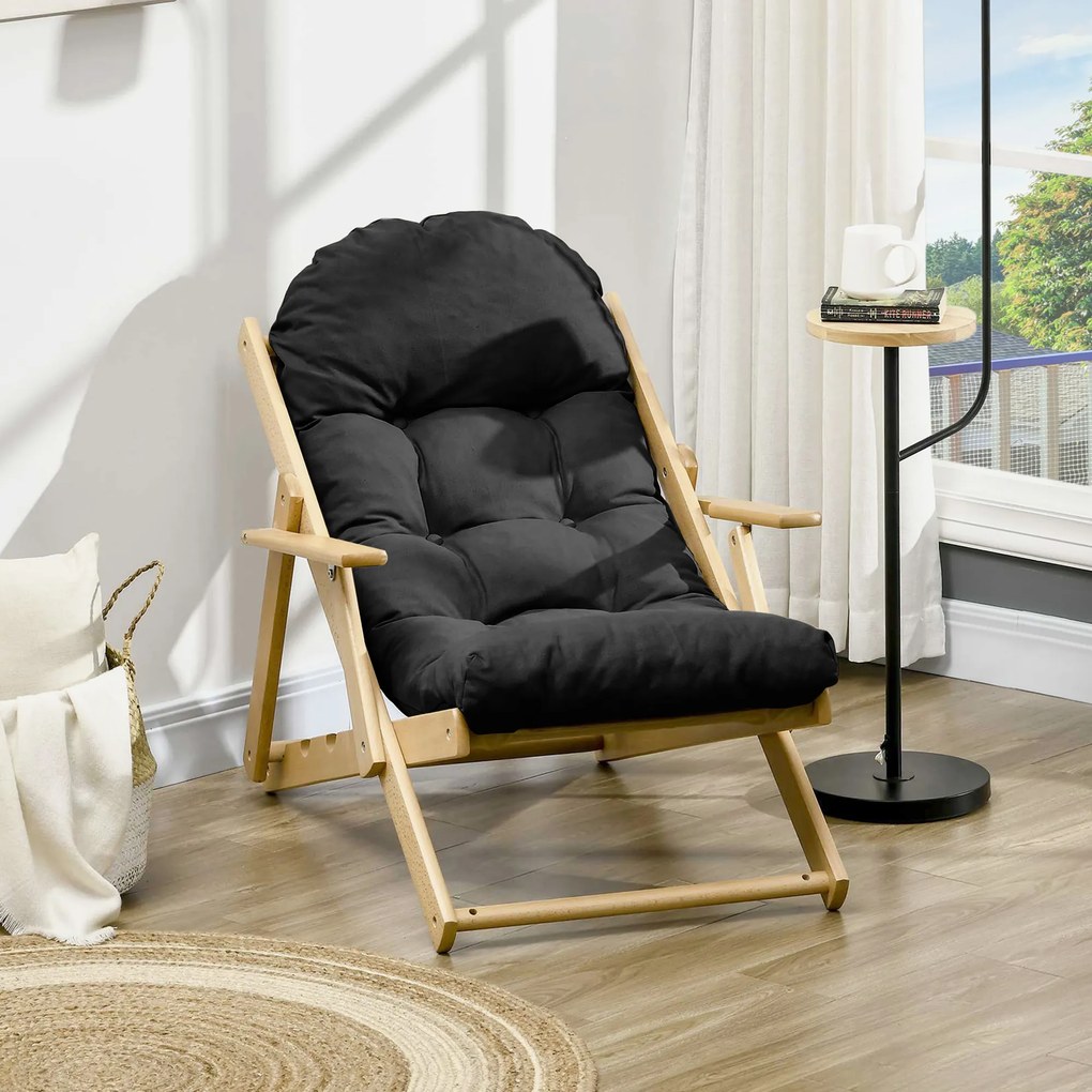 Poltrona de sala dobrável e reclinável em madeira. Poltrona relaxante e confortável com almofada acolchoada e espessa preto