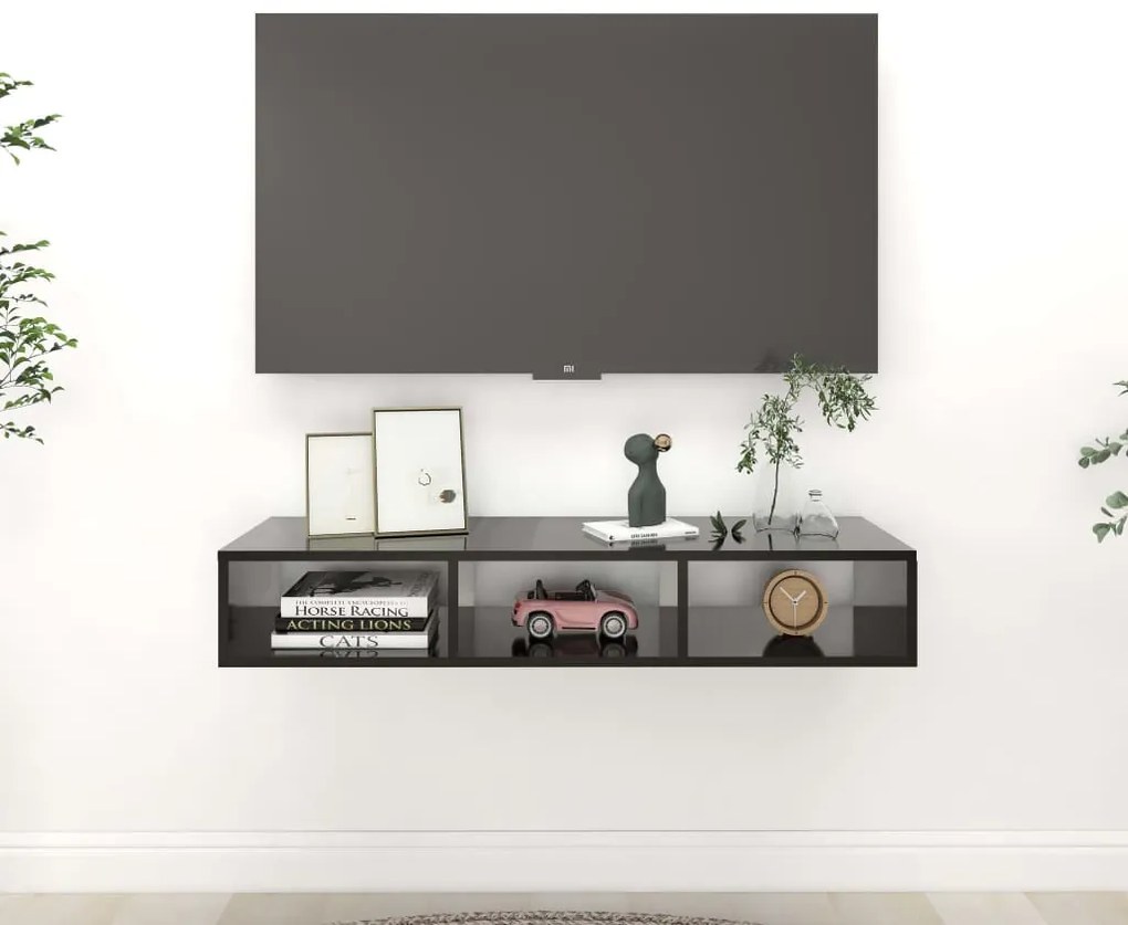vidaXL Estante de parede 102x30x17cm derivados madeira preto brilhante