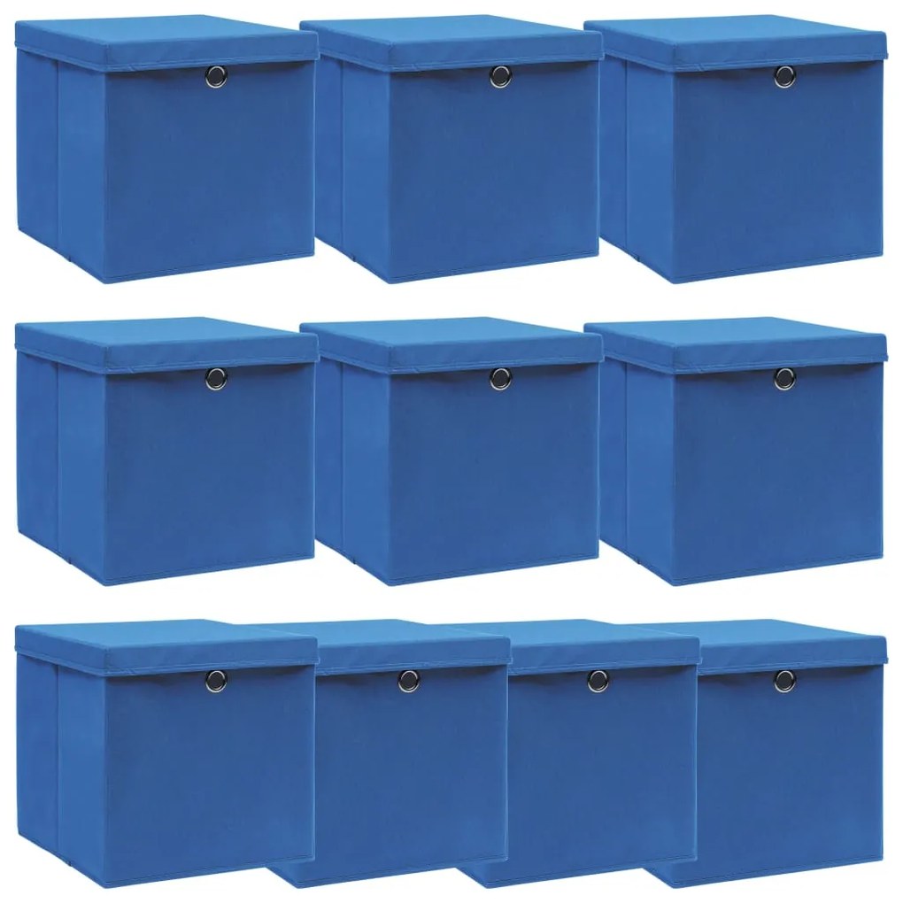 Caixas de arrumação com tampas 10 pcs 32x32x32 cm tecido azul