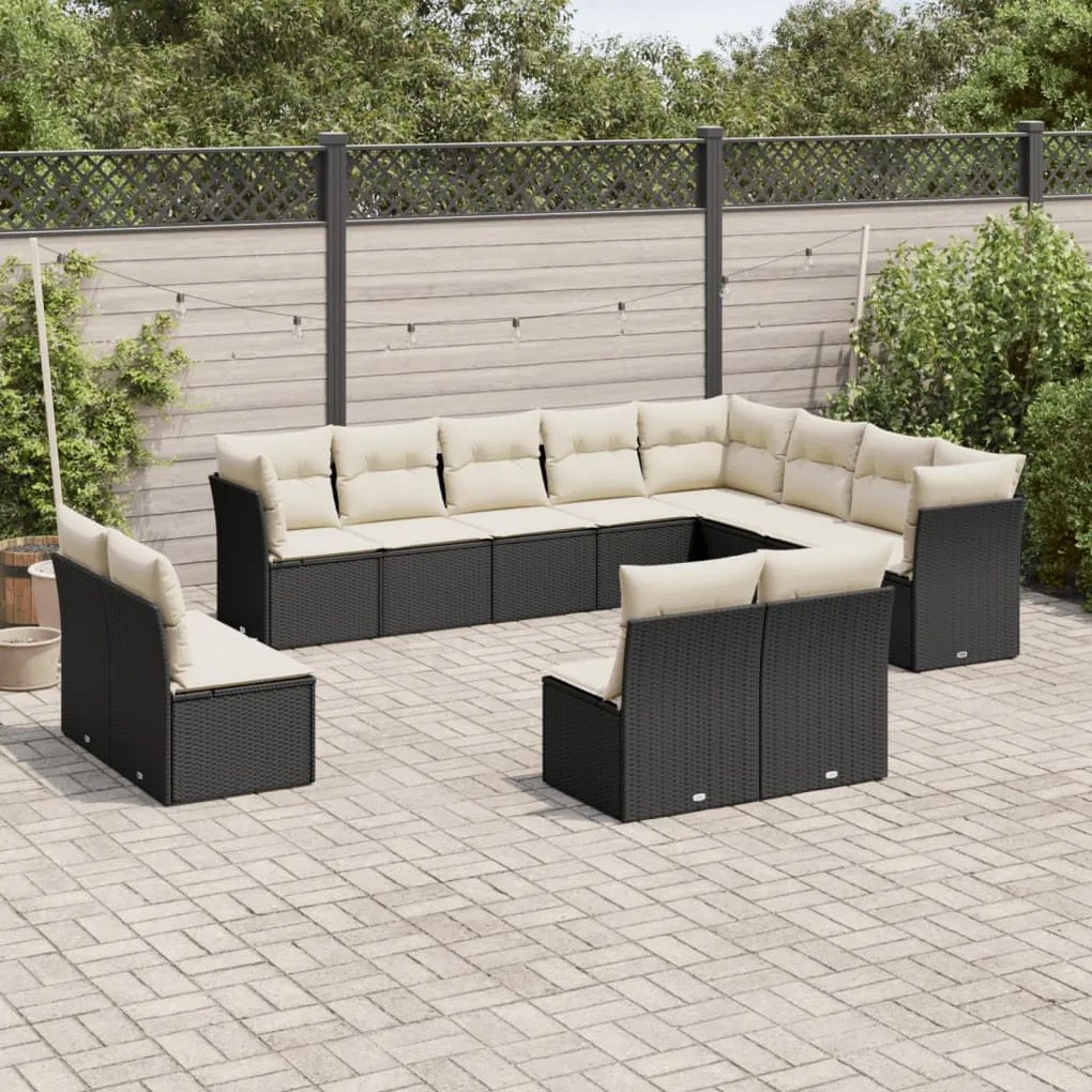 12 pcs conjunto de sofás de jardim c/ almofadões vime PE preto