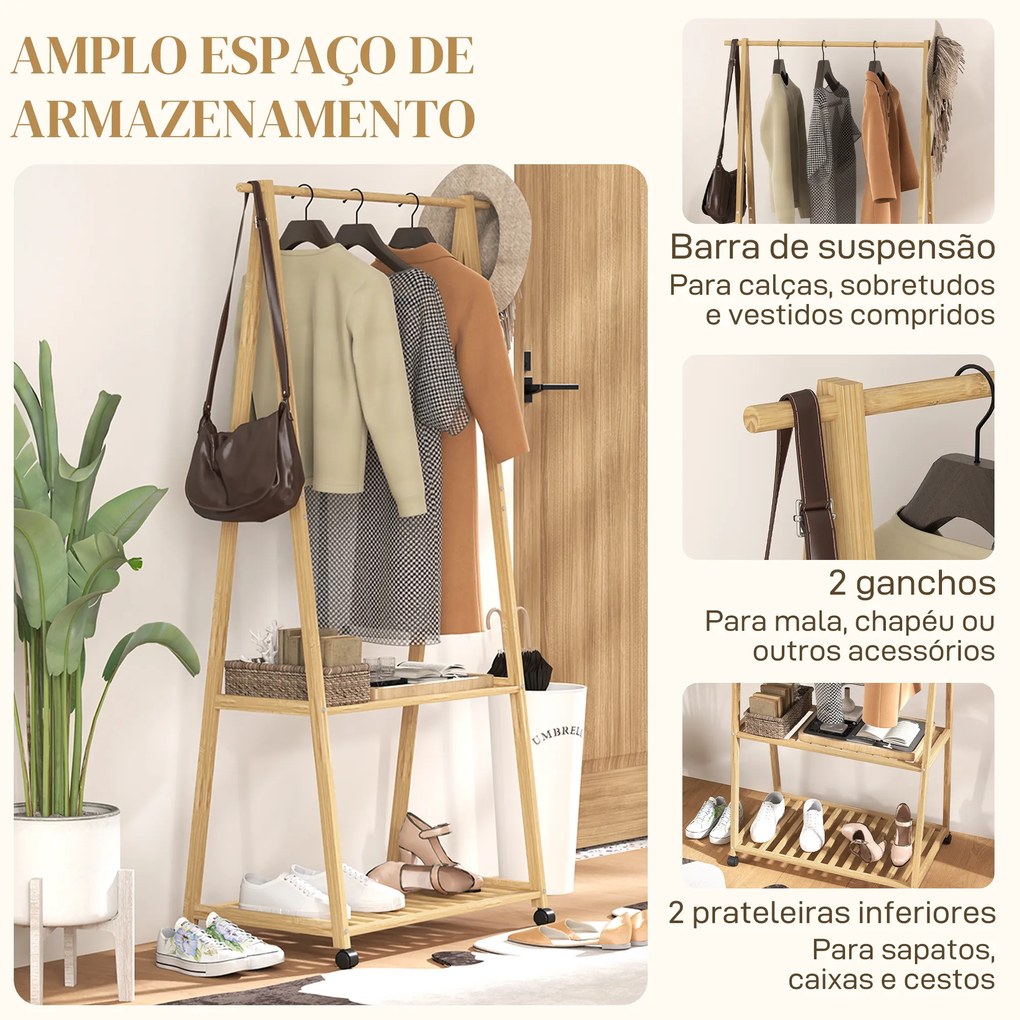 Guarda Roupa de Bambu para Roupa Charriot para Roupa com Rodas 2 Prateleiras Abertas e 2 Ganchos 84,5x43,5x158 cm Madeira