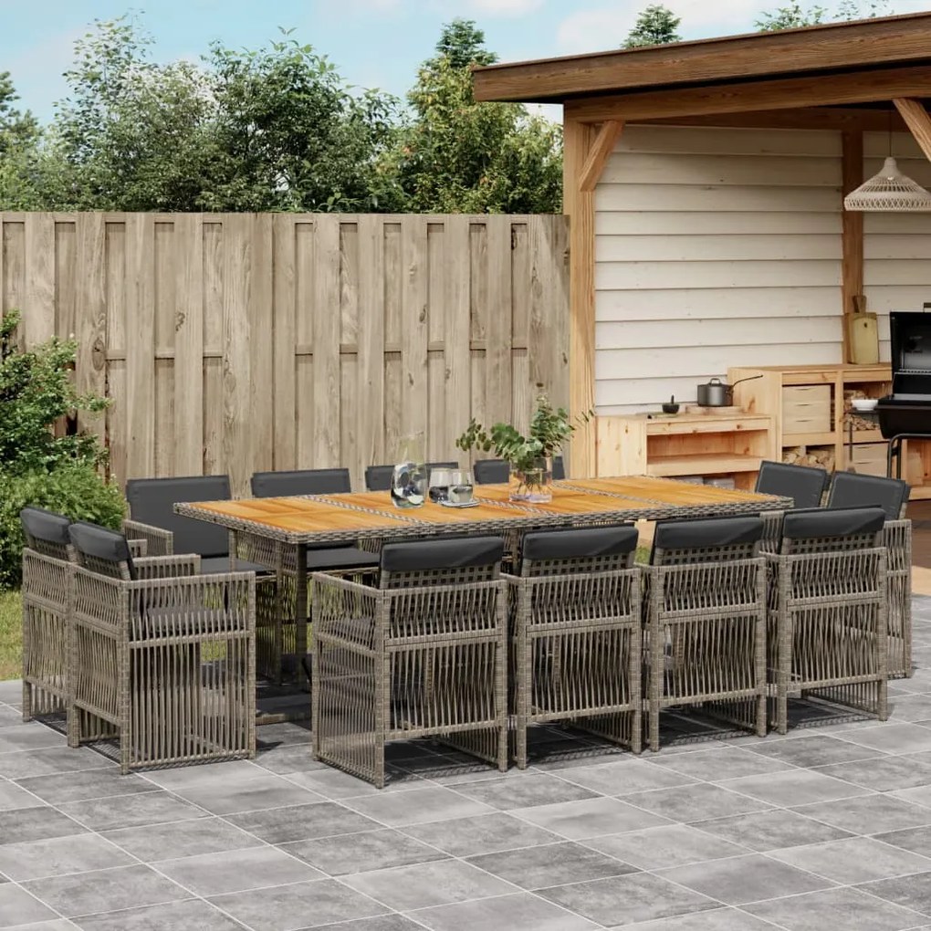 vidaXL 13 pcs conjunto jantar p/ jardim c/ almofadões vime PE cinzento