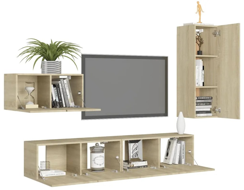 4pcs conjunto de móveis de TV derivados madeira carvalho sonoma