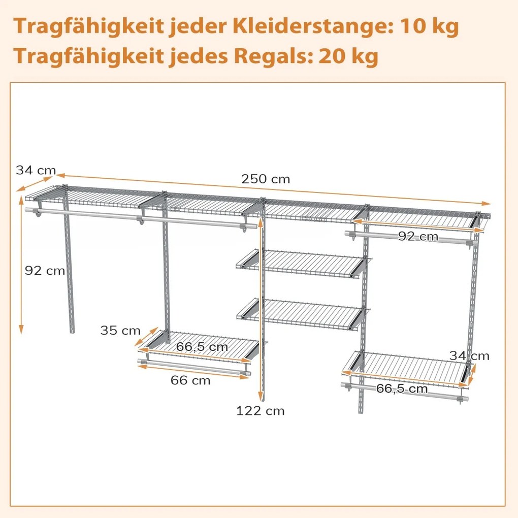 Armário aberto para roupa 122 - 244 cm Cabide de parede extensível Sistema de armazenamento DIY Cinza