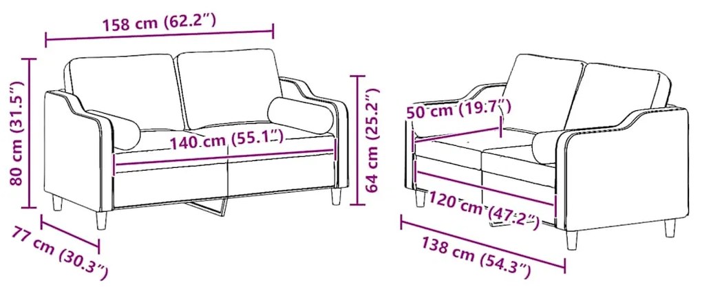 2 pcs conjunto de sofás com almofadas tecido cinzento-claro