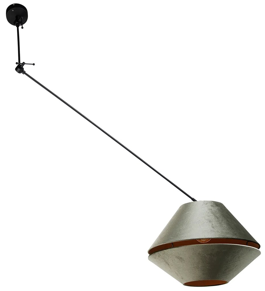 Candeeiro Pendente Preto com Abajur Duplo em Veludo Verde e Interior Dourado - Blitz