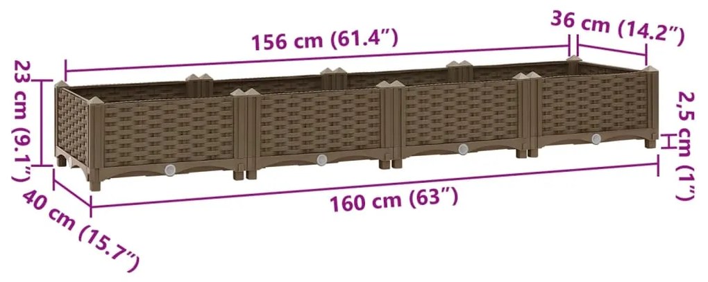 Canteiro elevado 160x40x23 cm polipropileno