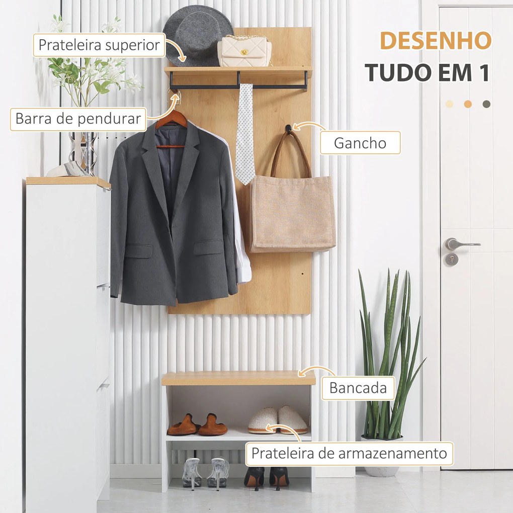 Móvel Cabide de Entrada Móvel de Entrada para Corredor Incluí 1 Prateleira Suspensa 4 Ganchos e Banco para Sapatos 60x28x120 cm e 60x35x45 cm Madeira