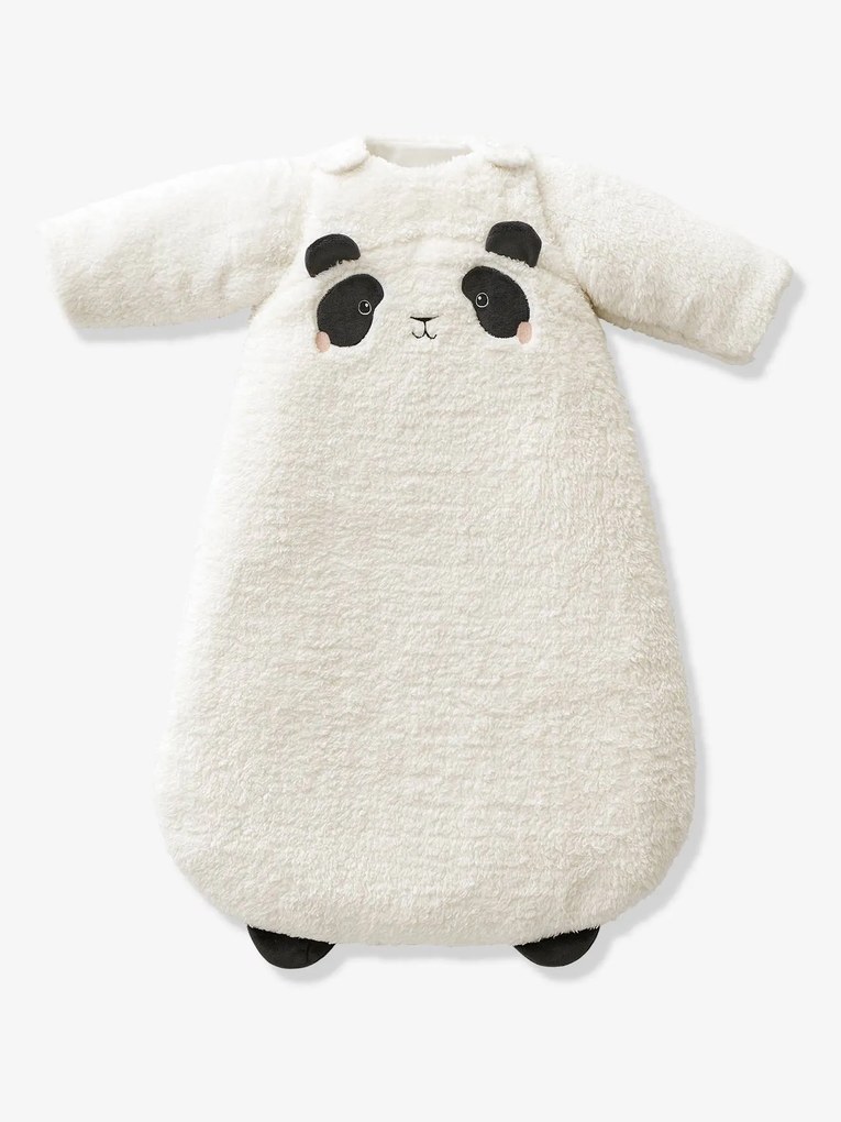 Saco de bebé com mangas amovíveis, em sherpa, Panda branco claro liso com motivo