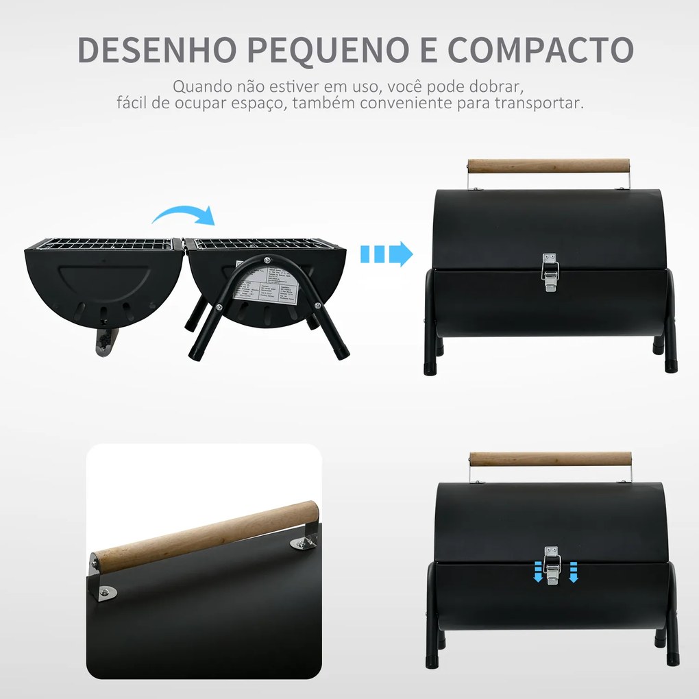 Outsunny Churrasqueira portátil a carvão com 2 grelhadores Cozinha com puxador e fechadura para churrasco Picnic Camping 42x26x42 cm Preto