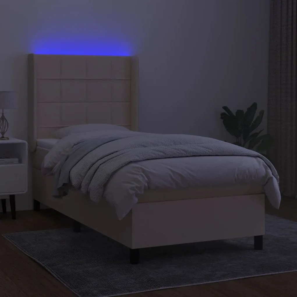 Cama box spring c/ colchão e LED 100x200 cm tecido cor creme